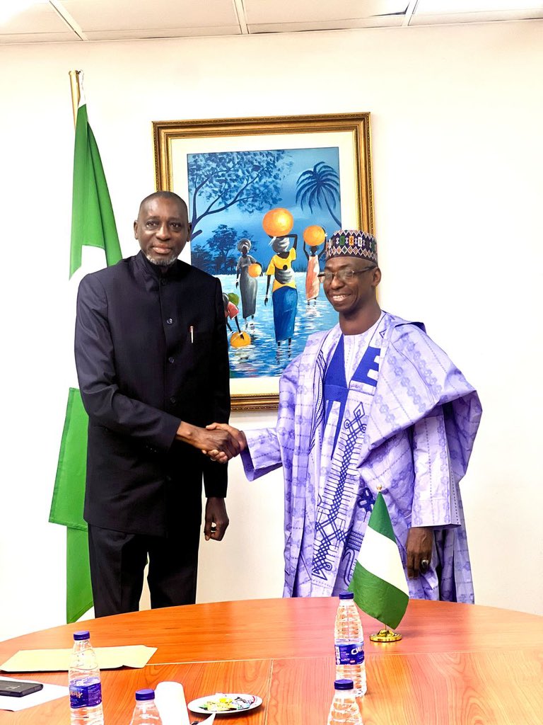 The Director General of the National Institute for Policy and Strategic Studies (NIPSS), Kuru, Professor Ayo Omotayo, on a courtesy visit to the Permanent Secretary of the Ministry of Foreign Affairs, Abuja, Ambassador Dunoma Umar Ahmed, Thursday, April 10th, 2025.