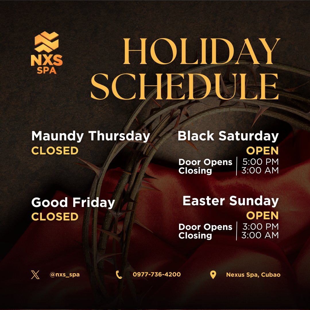 As we reflect this Holy Week, we welcome you to slow down and care for your well-being. Whether you need a moment of calm or a quiet escape, Nexus Spa is here for you. Please see our schedule below so you’re guided accordingly.

#NexusSpa #HolyWeek