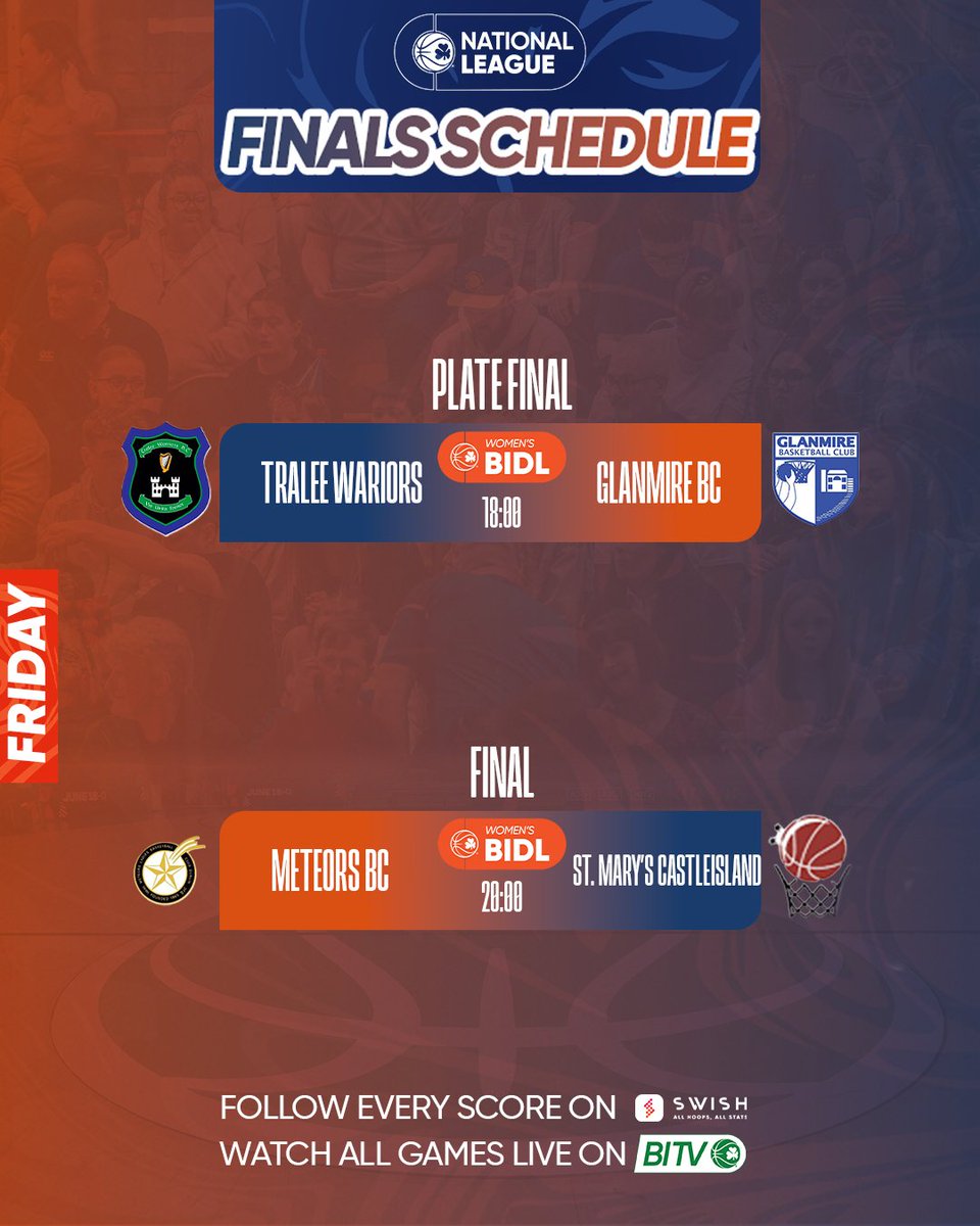 Here's how the schedule looks for the opening night of National League Finals Weekend ⭐️

📺 Watch both games on basketballireland.tv
🎟️ Get tickets on ireland.basketball/tickets

#LeagueFinals25 | #IrishBasketball