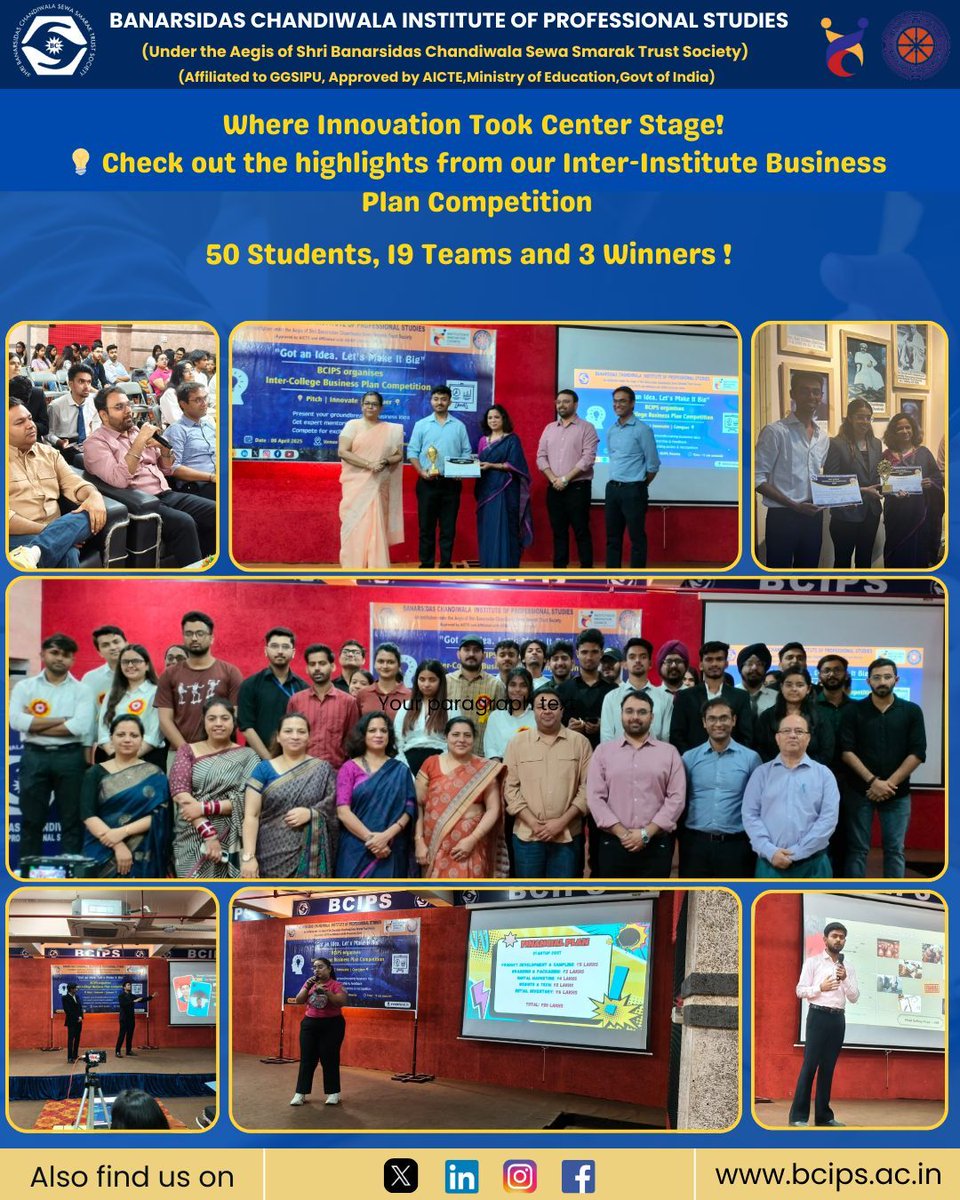 BcipsD's tweet image. 🎉 𝐈𝐠𝐧𝐢𝐭𝐢𝐧𝐠 𝐄𝐧𝐭𝐫𝐞𝐩𝐫𝐞𝐧𝐞𝐮𝐫𝐢𝐚𝐥 𝐌𝐢𝐧𝐝𝐬! 🎉

The ED Cell of BCIPS Dwarka, successfully hosted an inspiring Inter-Institute Business Plan Competition on April 8th, 2025! 🚀 
#MBA #BCIPS #BBA #GGSIPU