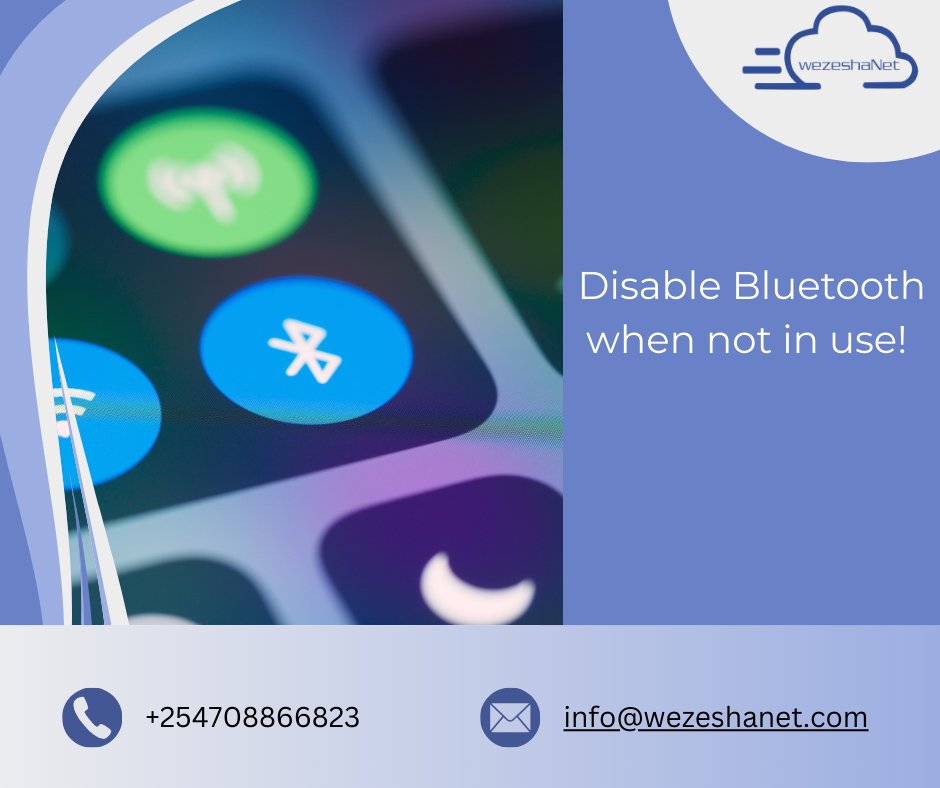 WezeshaNet's tweet photo. 🔒 Disable Bluetooth when not in use! 🔒
Reduce hack risk, protect personal data, and conserve battery life. Stay safe!
#CybersecurityTip #BluetoothSecurity https://t.co/nb6UAVwbQz