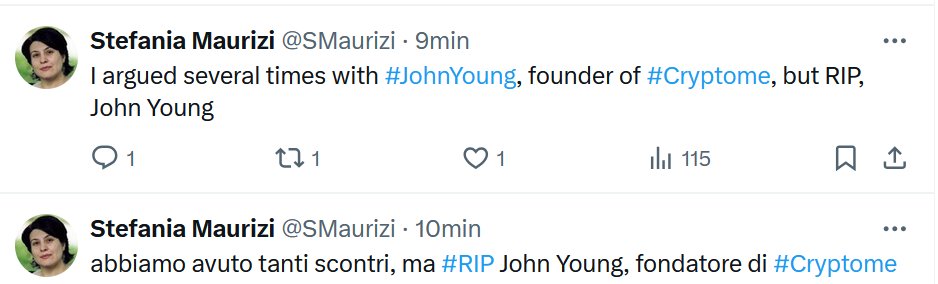 SMaurizi's tweet photo. I apologise for these two posts: I am told it is NOT independently verified that the founder of #Cryptome, John Young has died.
If he's alive, I would expect some sarcasm from him on the fact that his death is not independently verified https://t.co/wHLjMx7pOM