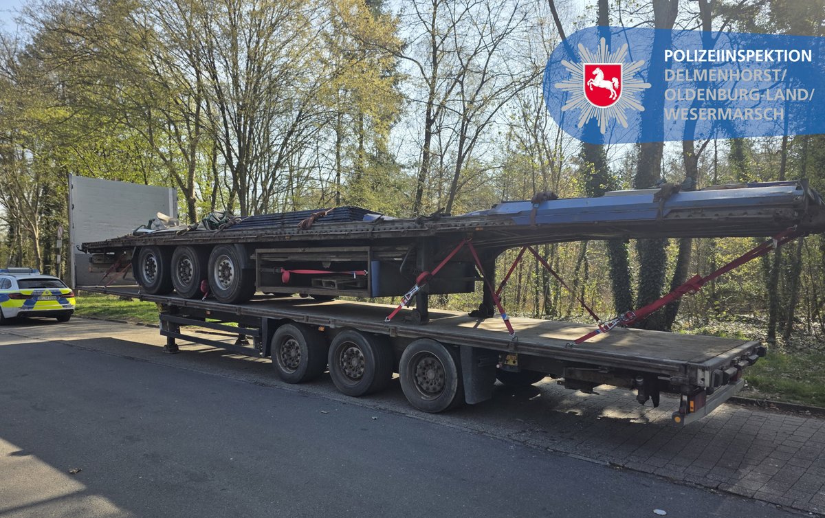 Polizei_DEL's tweet photo. Für den Abtransport eines verkehrsunsicheren Anhängers in #Wildeshausen #Dötlingen setzte das betroffene Unternehmen einen zweiten, ebenfalls verkehrsunsicheren Anhänger ein. Die #Polizei untersagte auch hier den Betrieb.

Die Pressemitteilung: https://t.co/B9PGb35344 

*as https://t.co/8Fpl0tfHZv