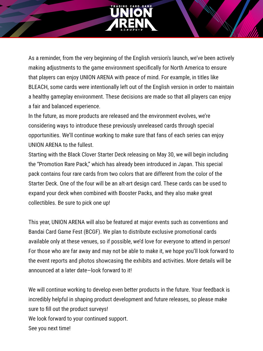 [Important Notice]
The #UNIONARENA_EN producer is back with a brand-new message! 📨✨
From competitive events for 2025 to upcoming product news, see what's coming next for UA! 👀
Read up to learn more! 👇
x.gd/ZILRB