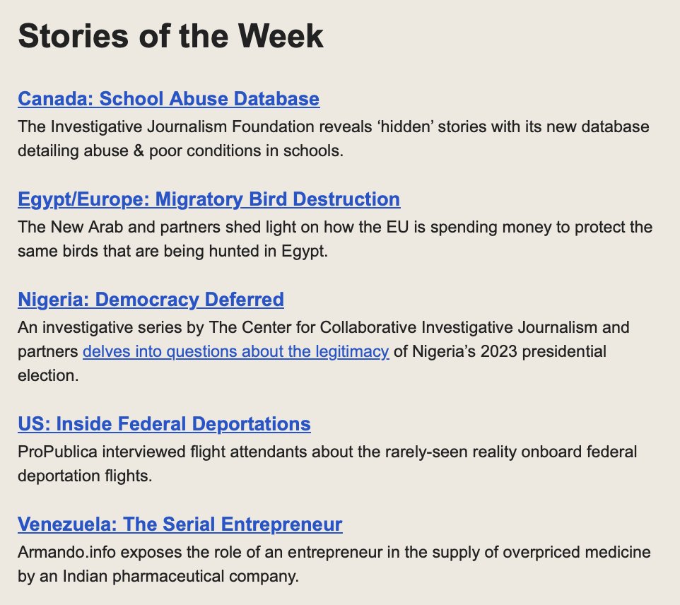 Global Investigative Journalism Network (@gijn) on Twitter photo 📚 GIJN's Stories of the Week
• <a href="/propublica/">ProPublica</a> goes behind-the-scenes of US federal deportation flights.
• <a href="/ArmandoInfo/">Armando.Info</a> exposes an entrepreneur's role in the supply of overpriced medicine.
• <a href="/IJFMedia/">Investigative Journalism Foundation</a> reveals abuse & poor conditions in schools.
More: twp.ai/4imVHl 📚 GIJN's Stories of the Week
• <a href="/propublica/">ProPublica</a> goes behind-the-scenes of US federal deportation flights.
• <a href="/ArmandoInfo/">Armando.Info</a> exposes an entrepreneur's role in the supply of overpriced medicine.
• <a href="/IJFMedia/">Investigative Journalism Foundation</a> reveals abuse & poor conditions in schools.
More: twp.ai/4imVHl