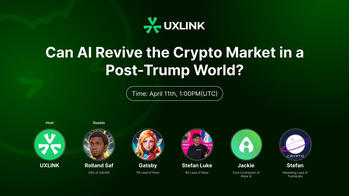 UXLINKofficial's tweet photo. 🚨 Twitter Space Alert 🚨

Can AI revive the crypto market in a post-Trump world? 
Join us for a power-packed discussion with industry experts as we explore how AI is shaping the future of crypto. We’ll discuss real use cases, market trends, and what’s next.

🗓️ Hosted by: UXLINK – Building the future of Web3 with AI + OAOG

Join here: https://t.co/2e6oA0Euxj

April 11th, 1:00 PM UTC 

🎙️ Don’t miss it!
#AI #Crypto #UXLINK #Web3 #TwitterSpace