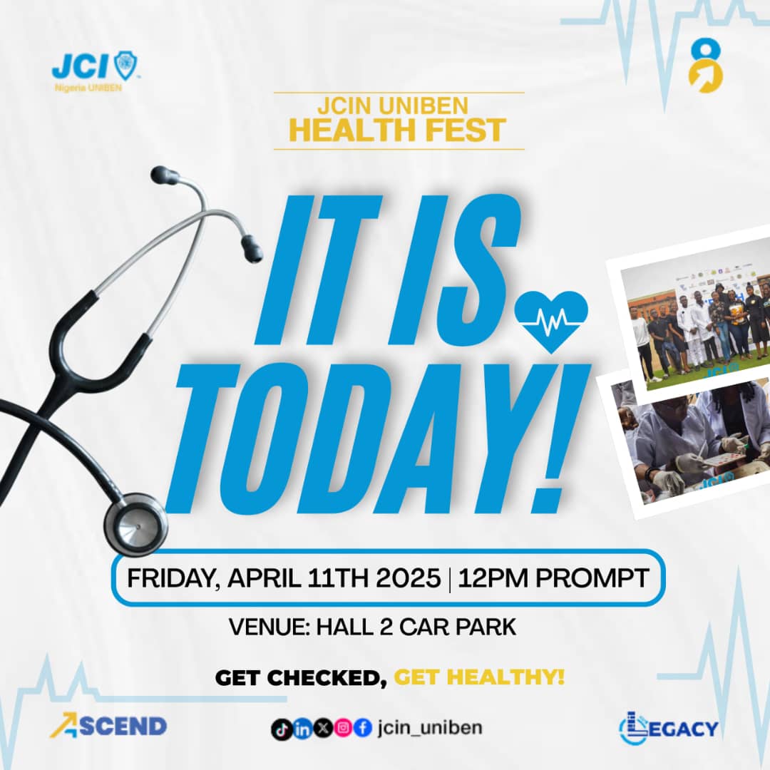 jci_uniben's tweet photo. The Wellness Odyssey Unfolds!

TODAY is the DAY!
JCIN UNIBEN HEALTH FEST is here to transform your wellness journey!

⏰ 12PM | 📍 Hall 2 Car Park
Don’t miss out—register now: https://t.co/2DPYXFyf2w

#HealthFest 
#OURLEGACY
#JCINUNIBEN https://t.co/JdaPWXd81R