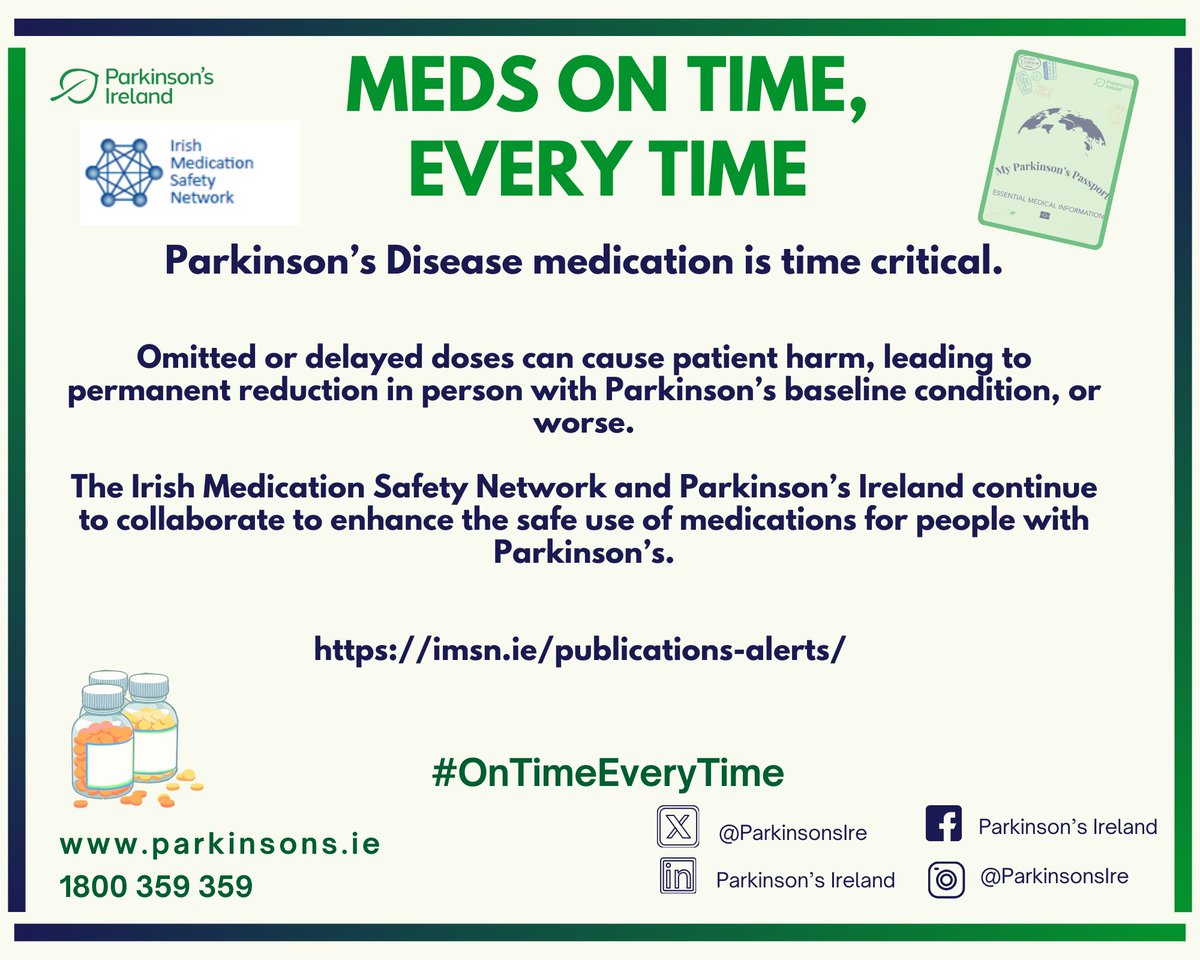 Happy World Parkinson’s Day, 11 April 2025  <a href="/IMSN_ie/">IMSN</a> &amp; <a href="/ParkinsonsIre/">Parkinson's Ireland</a> have been working together to highlight time critical nature of medicines administration for people with Parkinson’s #ontimeeverytime