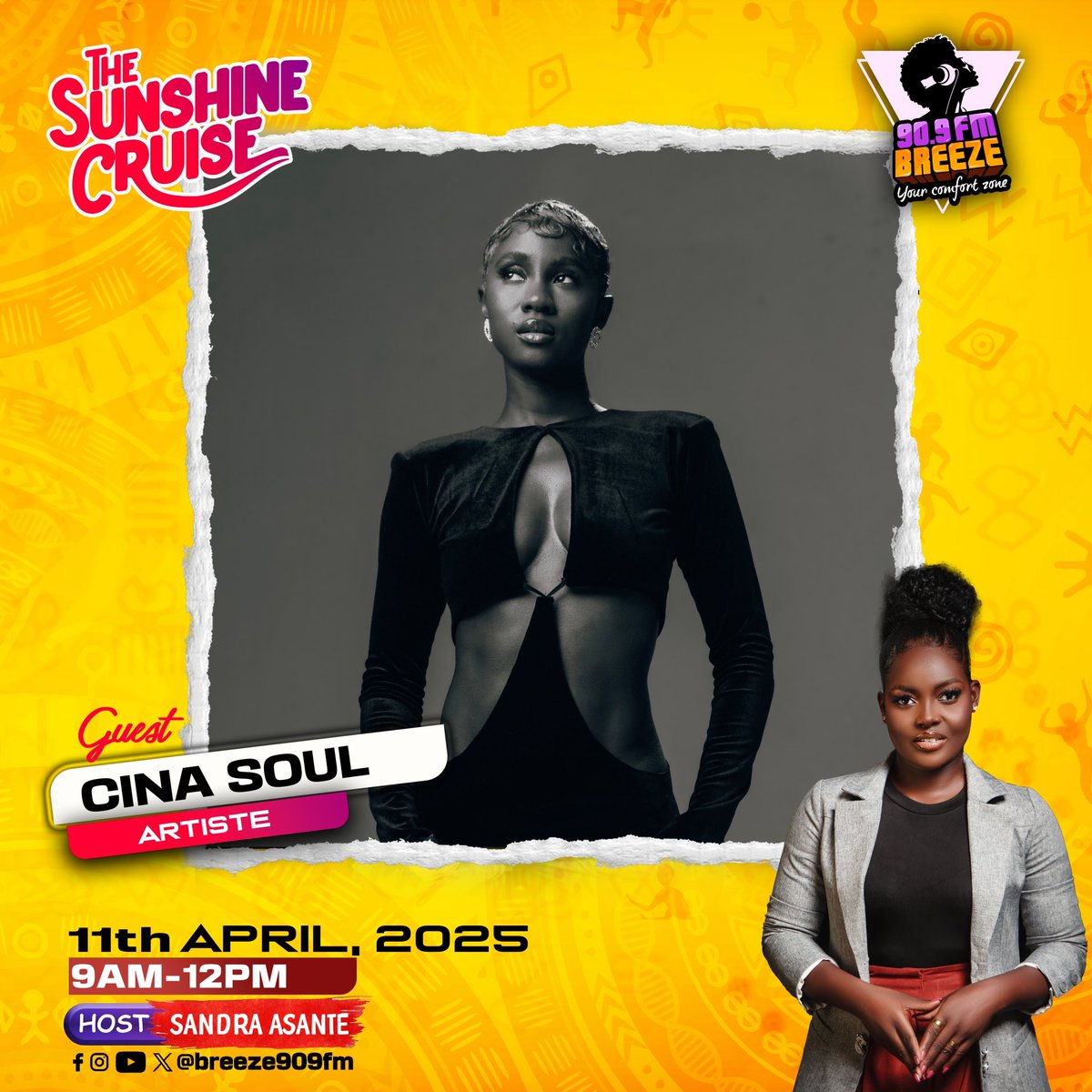 It’s happening today on #SunshineCruise!

<a href="/Cina_Soul/">Kla</a> goes LIVE at 10:30AM with Sandra Asante on Breeze 90.9 FM — talking “Did I Lie”, her journey &amp; more!

Lock in for vibes, stories &amp; soul!

#CinaSoulOnBreeze #Breeze909FM #DidILie #FeelTheVibe #LiveOnAir