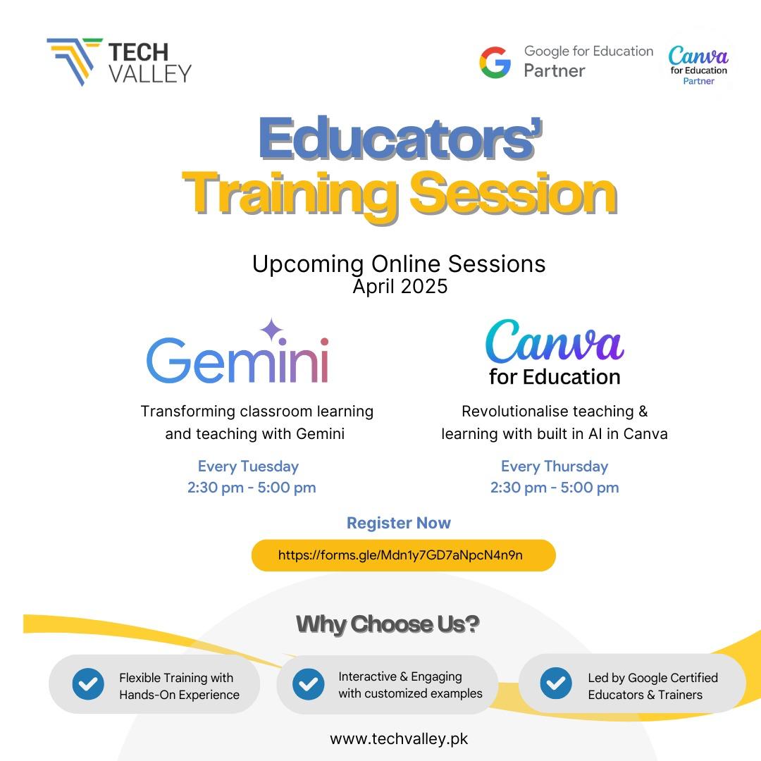 TechValleyPak's tweet image. Join Tech Valley Pakistan for engaging online training sessions on 𝐆𝐞𝐦𝐢𝐧𝐢 𝐚𝐧𝐝 𝐂𝐚𝐧𝐯𝐚 𝐟𝐨𝐫 𝐄𝐝𝐮𝐜𝐚𝐭𝐢𝐨𝐧, every Tuesday and Thursday!  

Here&apos;s the registration link: forms.gle/SpioaxbACfknkq…

#techvalley #techvalleypakistan #professionaldevelopment