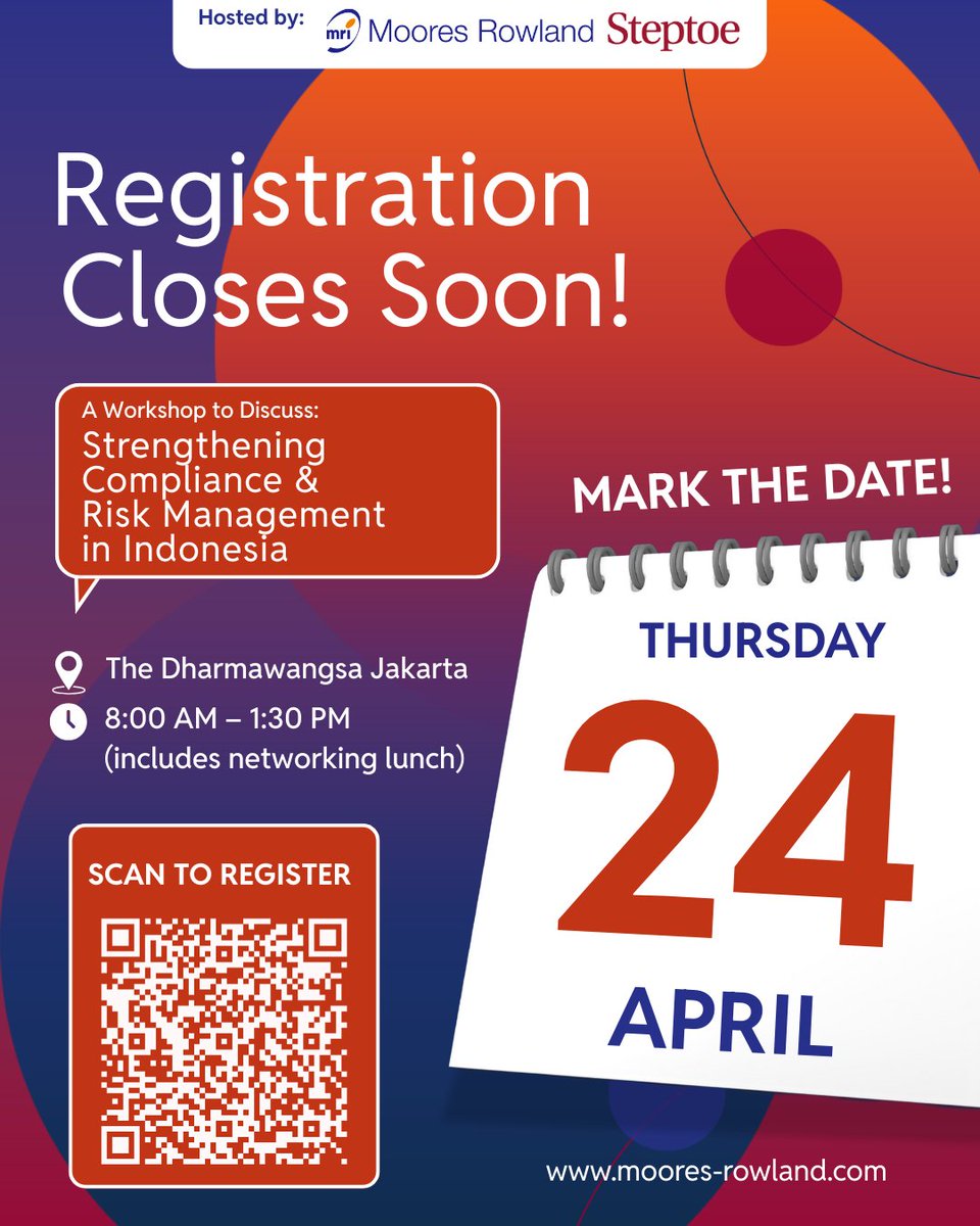 MooresRowland's tweet photo. Just a few days left until our Strengthening Compliance &amp; Risk Management in Indonesia workshop begins!

📅 Limited seats available — RSVP before it's too late!
👉 Register now: https://t.co/8aU7Hi6rFj 
📞 Contact: Tequila Bester (+62 878-6107-3332)
 
#MooresRowlandIndonesia https://t.co/7WoU2hxlNe