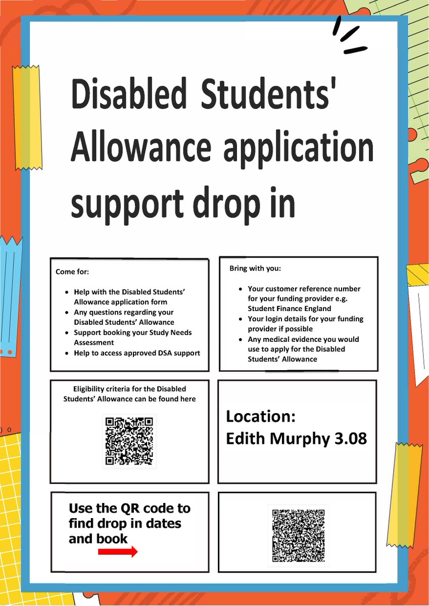 #FactFriday and did you know that the Disability Advice and Support team are now offering drop in sessions for DSA? The Disabled Students Allowance can provide support such as equipment and mentoring. To find out more scan the QR code below and come along and see the team!