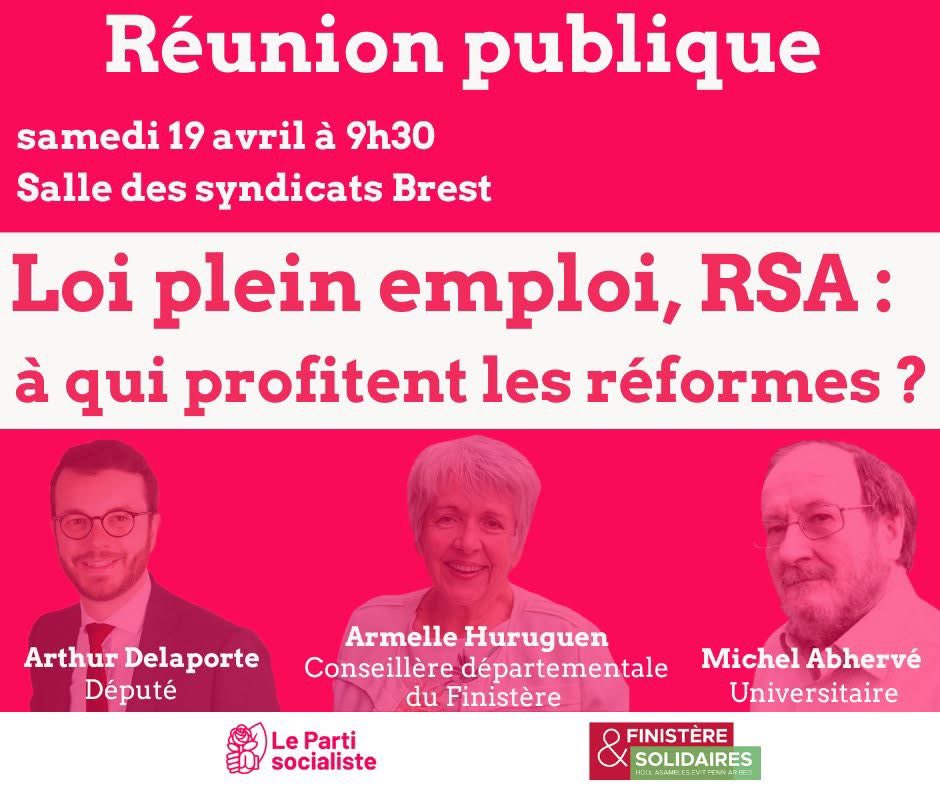 Finistère & Solidaires (@finisteresolidr) on Twitter photo 🔴 Loi plein emploi, RSA : à qui profitent vraiment les réformes ?
Avec <a href="/ArthurDelaporte/">Arthur Delaporte</a> , Michel Abhervé et Armelle Huruguen
📅 Samedi 19 avril - 9h30
📍 Maison des syndicats, Brest
#RSA #Insertion #Finistère #FinistereSolidR 🔴 Loi plein emploi, RSA : à qui profitent vraiment les réformes ?
Avec <a href="/ArthurDelaporte/">Arthur Delaporte</a> , Michel Abhervé et Armelle Huruguen
📅 Samedi 19 avril - 9h30
📍 Maison des syndicats, Brest
#RSA #Insertion #Finistère #FinistereSolidR