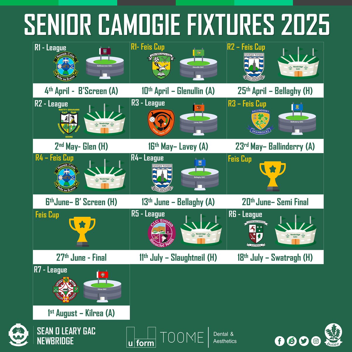 NewbridgeCLG's tweet photo. 🏑SENIOR CAMOGIE FIXTURES 2025 

See attached image for all Senior Camogie League &amp; Feis Cup fixtures for 2025. Mark your diaries and support our girls 🗓️

All fixtures are subject to change. 
👀Keep an eye out on our socials for updates. https://t.co/hQYHjgWAHB