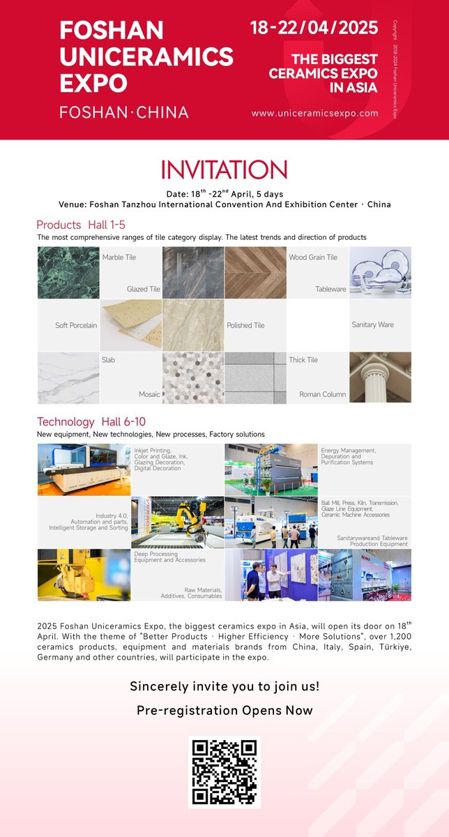 CeramicTWeekly's tweet image. Everything Is Ready For the 2025 Foshan Uniceramics Expo
On April 18-22, the 2025 Foshan Uniceramics Expo will open its doors at the Tanzhou International Convention and Exhibition Center, with the theme of "Better Products · Higher Efficiency · More Solutions".
#uniceramics