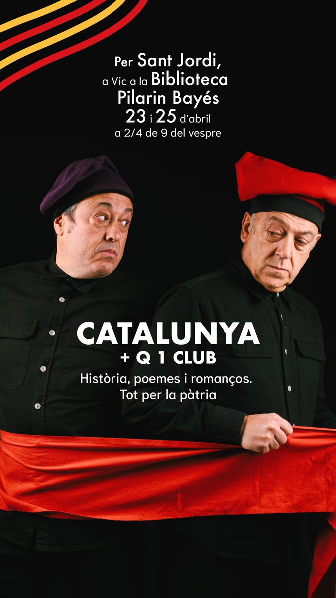 Per Sant Jordi, <a href="/teatreeSseLa/">teatre eSseLa</a> ens porta una dosi d'humor i sàtira a la Biblioteca.

"Catalunya + Q 1 club. Història, poemes i romanços. Tot per la Pàtria"
🗓️ dc 23/04 i dv 25/04
⏰ 20.30 h
✏️ Reserves al 93 883 33 25 o b.vic.pb@diba.cat

<a href="/vic_cultura/">Vic Cultura</a> <a href="/aj_vic/">Ajuntament de Vic</a> <a href="/bibliotequesXBM/">BibliotequesXBM</a>