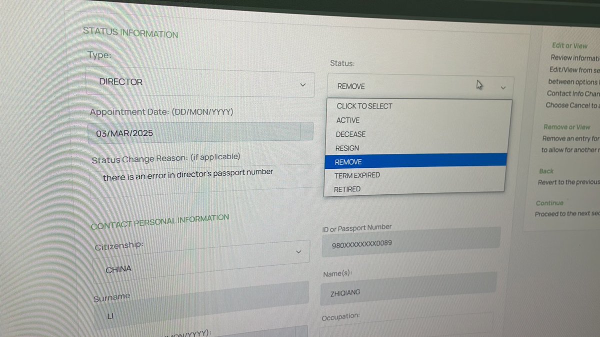 To change director do I select “remove” or “active” at this point