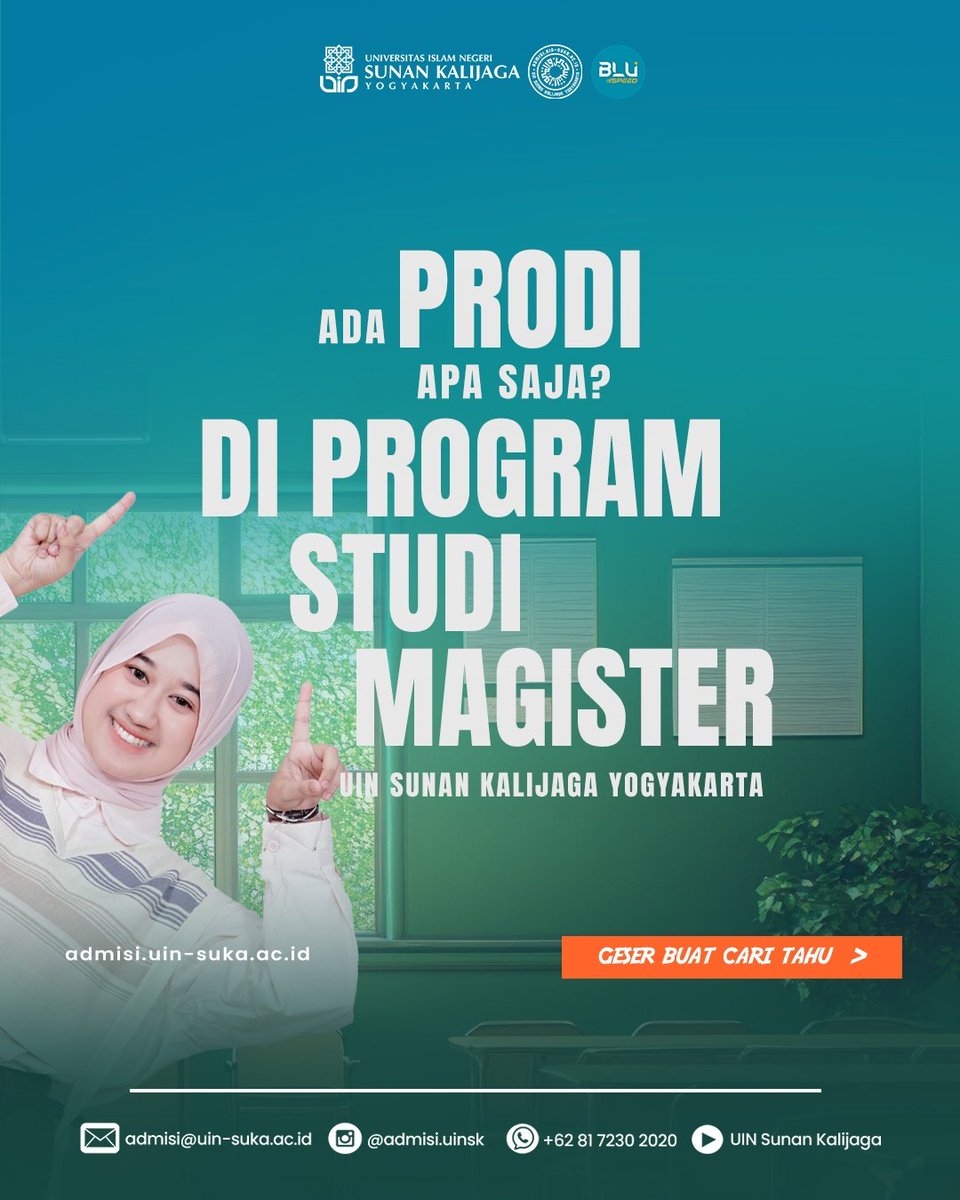 UINSK's tweet photo. Daripada gelisah, mending lanjut kuliah! 🤩
Kira-kira kamu mau kuliah di prodi apa, nih? 
PMB Magister Gel 1 Ganjil dibuka hingga 24 April 2025 pukul 23.59 WIB melalui https://t.co/Srn1ygWFqx.
Informasi PMB UIN Sunan Kalijaga Yogyakarta 081-7230-2020
#uinsk #uinsuka #uinjogja https://t.co/4UxNogXQUj