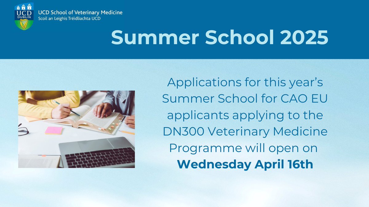 UCD School of Veterinary Medicine summer school for CAO EU applicants applying to the DN300 Veterinary Medicine Programme takes place 17th - 18th June. The booking link will be available at the bottom of this link on Wednesday April 16th: ucd.ie/vetmed/study/u….
