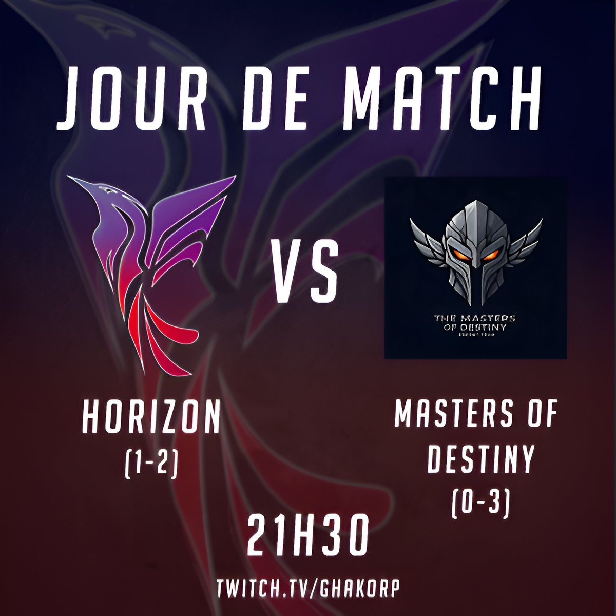 Ce soir on clôture notre Stage 1 face à Masters of Destiny.

Un dernier match pour assurer le maintien dans la poule de la mort de la division Amateur 2💪

C'est à 21h30 sur la chaîne de <a href="/GhakorpTTv/">Stephen R.</a> 
🎥 twitch.tv/ghakorp