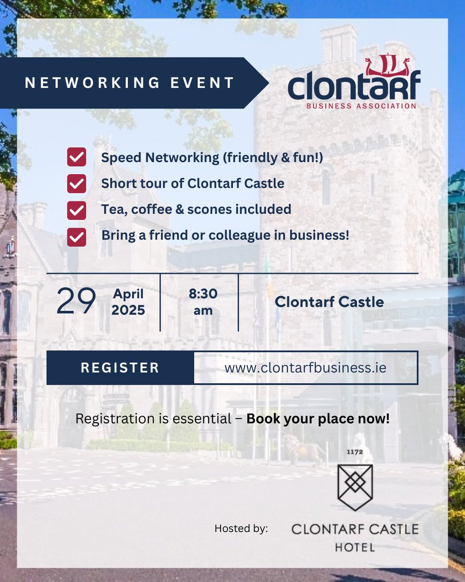 Join us on Monday 29th April at 8:30AM in the stunning Clontarf Castle for a morning of connection, coffee, and community! Bring a friend or colleague in business – the more the merrier! Registration is a must!
 👉 bit.ly/clontarf-castl…