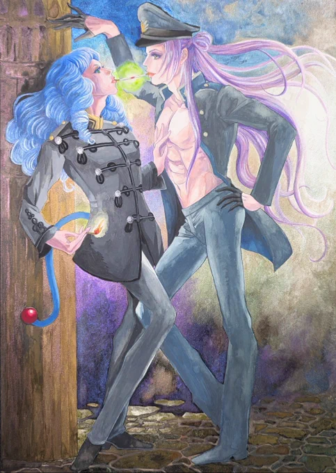  ホルベインの青+茶=ニュアンスある影色これに黒を足すと1回塗りで真っ黒です。ボンテージだと革かエナメルかな?銀を要所に効かせて質感を出すと良いかもです。クロマパールのライムが結構使えます。混色の強い味方FAですが背景はパール&amp;シャイン使いまくり。右側の光がライムです。 