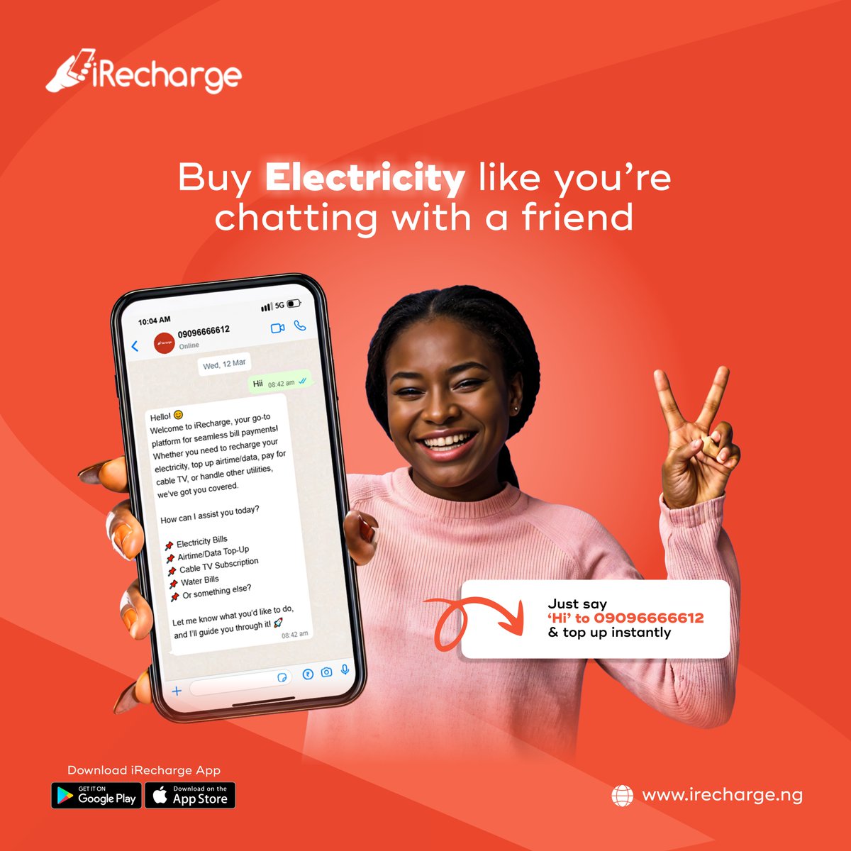 iRechargeNG's tweet photo. Buy electricity just by chatting? Yes, please!
Slide into our WhatsApp DMs at 𝟎𝟗𝟎𝟗𝟔𝟔𝟔𝟔𝟔𝟏𝟐 and get your light back on—fast and easy. ⚡📲#ElectricityMadeEasy #WhatsAppToTheRescue #QuickPowerFix #iRecharge #ConvenienceIsKey https://t.co/m24lAb9axc