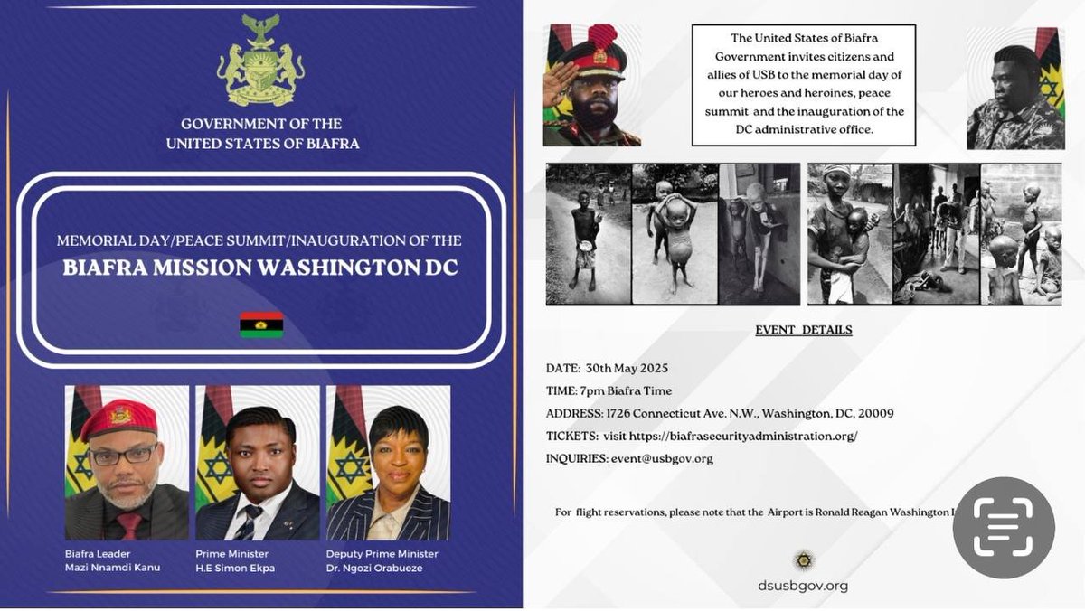 United States of Biafra Government (@usbgovernment) on Twitter photo The United States of Biafra Government invites you to the inauguration of the Washington DC Mission/Peace Summit/Heroes-Heroines Day event, on May 30th, 2025!
Support the United States of Biafra mandate and it's population, support the Biafra leader <a href="/MaziNnamdiKanu/">Mazi Nnamdi Kanu</a> , support The United States of Biafra Government invites you to the inauguration of the Washington DC Mission/Peace Summit/Heroes-Heroines Day event, on May 30th, 2025!
Support the United States of Biafra mandate and it's population, support the Biafra leader <a href="/MaziNnamdiKanu/">Mazi Nnamdi Kanu</a> , support