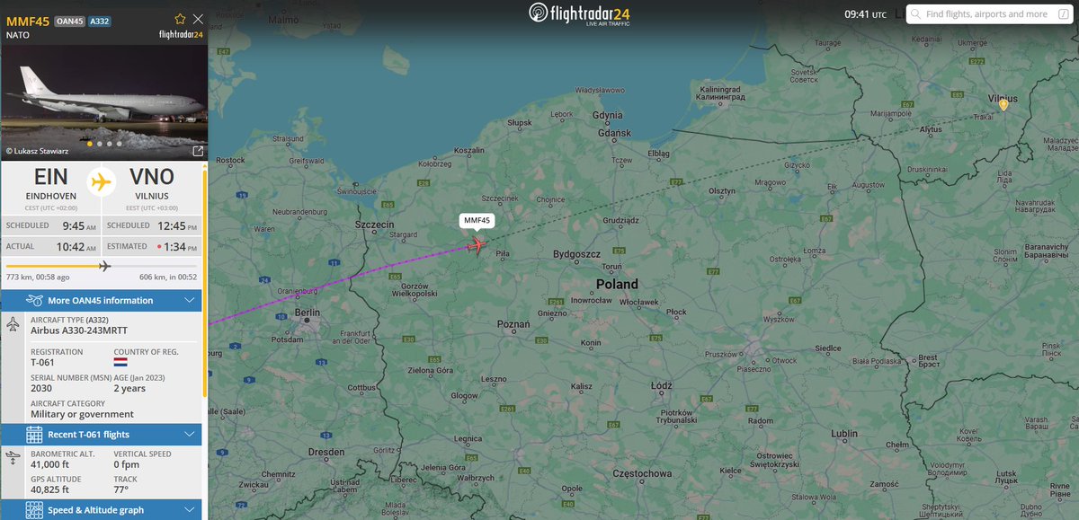 PolishMilRadar's tweet photo. ⌚️11.04  11:42LT

🇪🇺NATO
✈️Airbus A330-243MRTT "T-061"
#MMF45 na wysokości przelotowej FL410
🛫Eindhoven #EHEH
🛬Wilno #EYVI
🔗https://t.co/EcjFVbAFcp

#POLMILRADAR https://t.co/sTlKwkK5n1