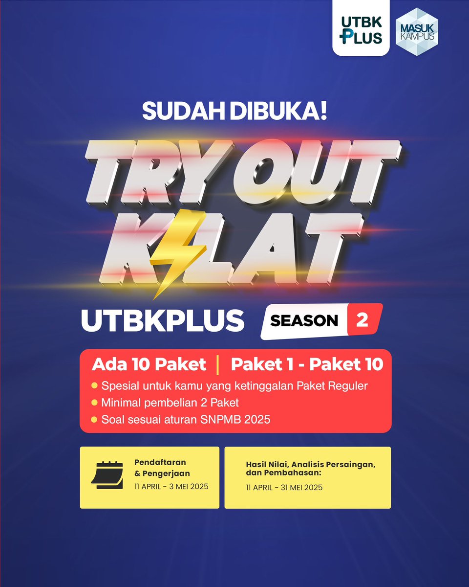 masukkampus's tweet photo. TRYOUT UTBK CUMA 3.500?!
Paket hemat, soal ketat, skor mantap.
Biar gak nyesel, buruan gas sekarang!
Daftar disini https://t.co/RdYSWYd6NA
#MasukKampus #TryoutUTBK #UTBKPLUS #PTN #UTBK #SNBT https://t.co/Mer4HPXqvp