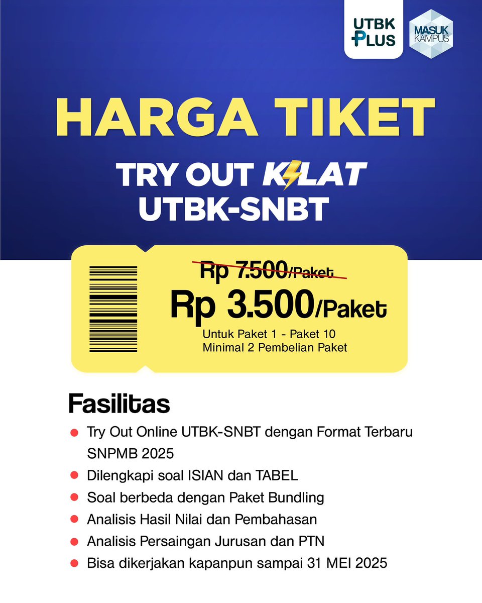 masukkampus's tweet photo. TRYOUT UTBK CUMA 3.500?!
Paket hemat, soal ketat, skor mantap.
Biar gak nyesel, buruan gas sekarang!
Daftar disini https://t.co/RdYSWYd6NA
#MasukKampus #TryoutUTBK #UTBKPLUS #PTN #UTBK #SNBT https://t.co/Mer4HPXqvp