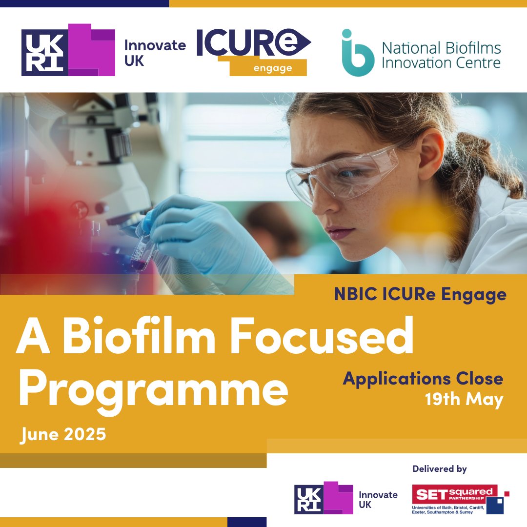 💫Applications are open for Biofilms ICURe Engage! - an <a href="/innovateuk/">Innovate UK</a> <a href="/ICUReProgramme/">ICURe</a> funded by NBIC and delivered by the <a href="/setsquared/">SETsquared</a> tailored for researchers, students and technicians of NBIC research partners working in #biofilms

⏰Apply by 19 May 2025 tinyurl.com/3awht9xv
