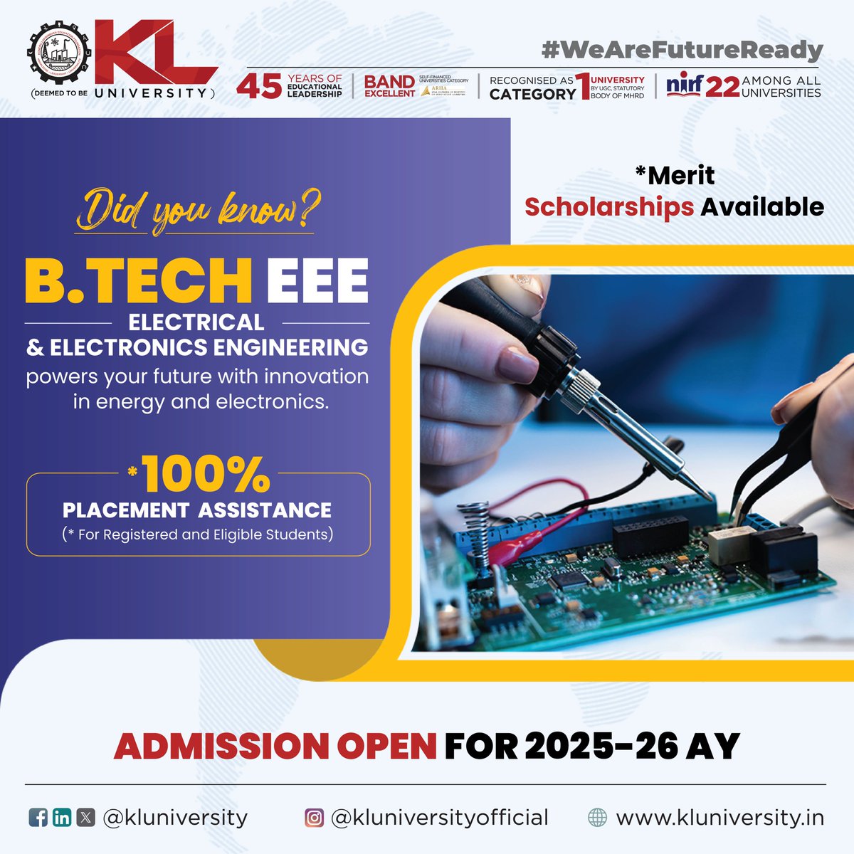 kluniversity's tweet photo. Dive into the world of innovation with BTech EEE, where technology meets transformation. From smart systems to sustainable energy, our program equips you with the skills to lead the future. 

Apply Now: https://t.co/dwYNuhkrKZ

#KLuniversity #KLU #WeAreFutureReady #BtechEEE https://t.co/N78KBSwXzZ