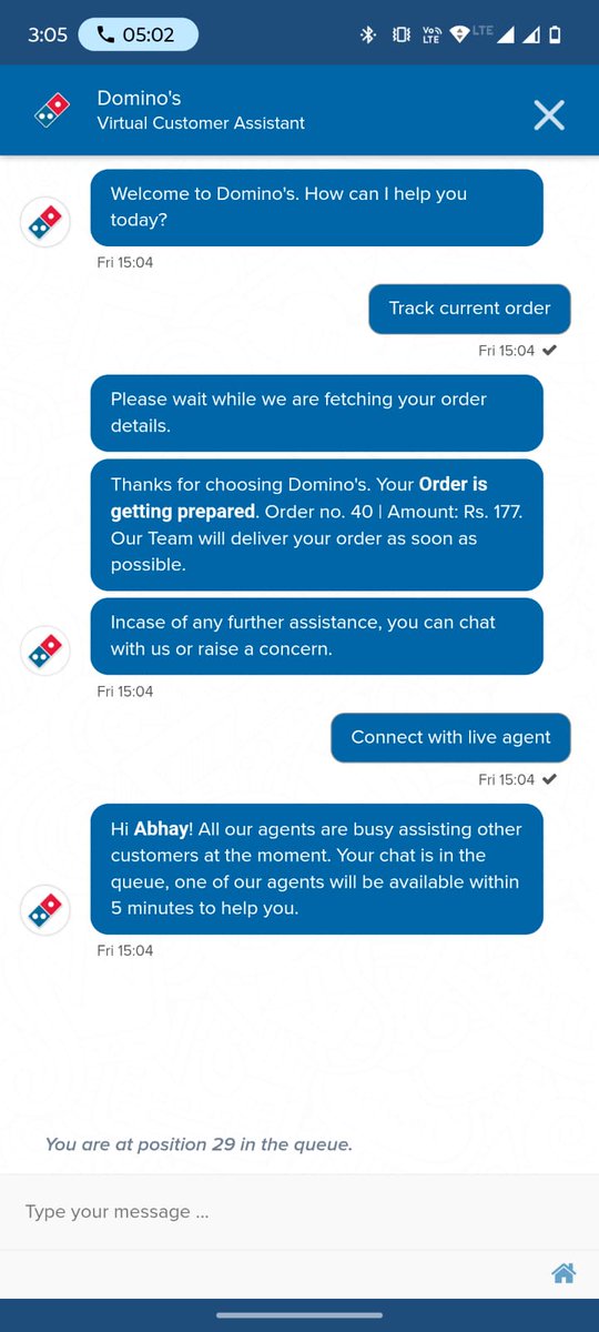 AbhayKumar9795's tweet photo. @dominos_india This is my order no. 
what are they doing.
It's a small order of 177 rupees.
order on 2:11 pm Today.
it should be arrived in 30 mins, it's not a big deal. tried to contact resturant but no one is picking the call.😭 https://t.co/UUeMvuxFus