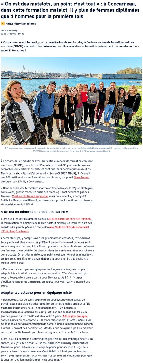 CEFCM's tweet image. Au CEFCM de Concarneau, la dernière session de CM P vient de se terminer. Pour la première fois, cette formation a accueilli plus de femmes que d’hommes. Un premier pas vers une plus grande mixité dans le monde maritime.
Article du Télégramme du 02/04/25 : letelegramme.fr/finistere/quim…