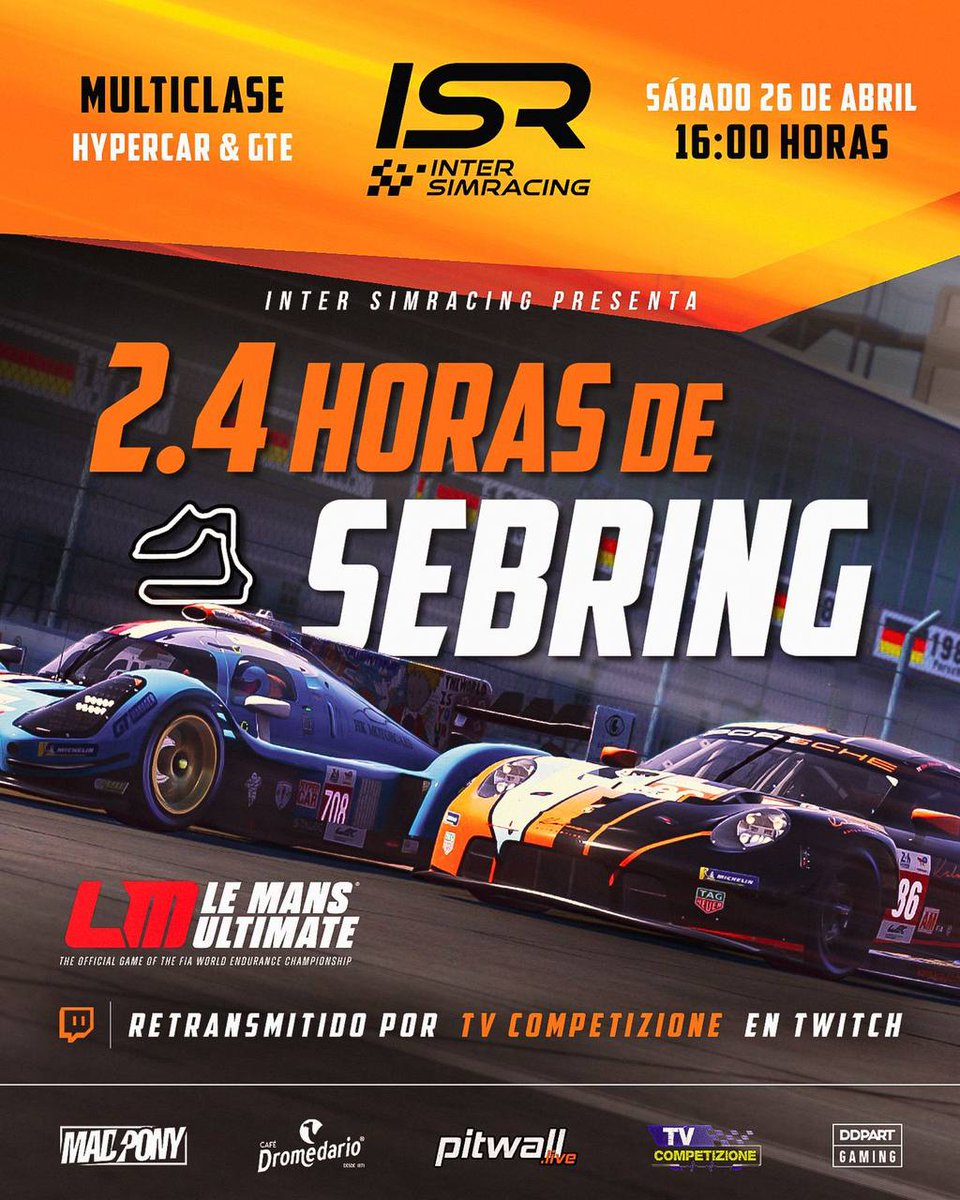 ISR (@inter_simracing) on Twitter photo El próximo 26 de Abril 16h, preparate para las 2.4h en el mítico circuito de SEBRING.
Volvemos a la carga con <a href="/LeMansUltimate/">Le Mans Ultimate</a> en <a href="/inter_simracing/">ISR</a> y con <a href="/Tvcompetizion/">TV COMPETIZIONE</a>
Coches disponibles Hypercar y GTE
Inscripciones en
thesimgrid.com/championships/…
Te la vas a perder??? El próximo 26 de Abril 16h, preparate para las 2.4h en el mítico circuito de SEBRING.
Volvemos a la carga con <a href="/LeMansUltimate/">Le Mans Ultimate</a> en <a href="/inter_simracing/">ISR</a> y con <a href="/Tvcompetizion/">TV COMPETIZIONE</a>
Coches disponibles Hypercar y GTE
Inscripciones en
thesimgrid.com/championships/…
Te la vas a perder???