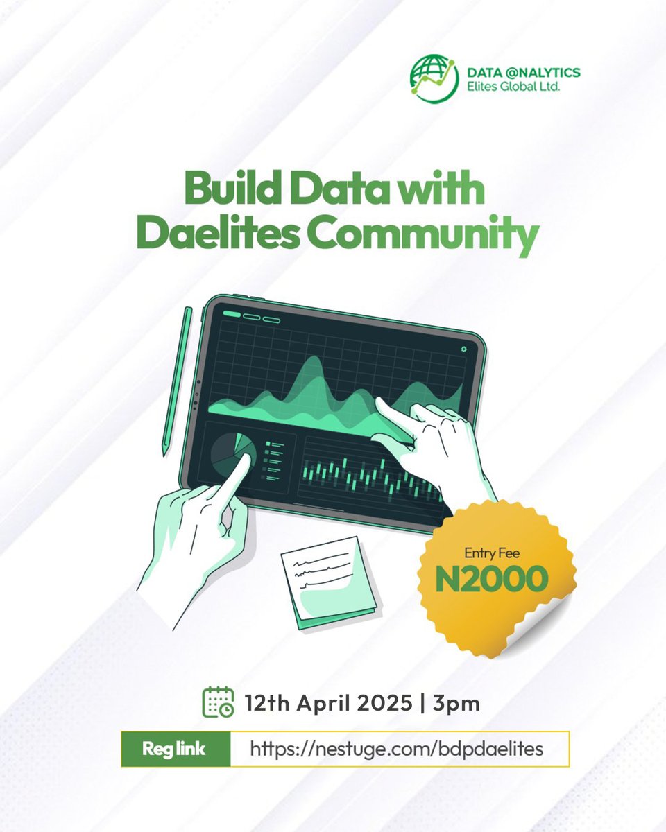 DAElites_Global's tweet photo. A few years ago, I remember struggling with imposter syndrome as a data analyst.

I knew how to use the tools. I’d taken the courses.
But when someone asked, “Can I see something you’ve worked on?” — I froze.

𝗧𝗵𝗮𝘁 𝗾𝘂𝗲𝘀𝘁𝗶𝗼𝗻 𝗶𝘀 𝘁𝗵𝗲 ��𝗶𝗳𝗳𝗲𝗿𝗲𝗻𝗰𝗲 𝗯𝗲𝘁𝘄𝗲𝗲𝗻 𝗸𝗻𝗼𝘄𝗹𝗲𝗱𝗴𝗲 𝗮𝗻𝗱 𝗽𝗿𝗼𝗼𝗳.

That’s why Build Data Project at Data Analytics Elites Global is so important. It is a space for data analysts to move from theory to real-world application.

𝗪𝗲’𝘃𝗲 𝗱𝗲𝘀𝗶𝗴𝗻𝗲𝗱 𝘁𝗵𝗶𝘀 𝗽𝗿𝗼𝗴𝗿𝗮𝗺 𝗳𝗼𝗿: 
🔹 Analysts who want to gain confidence in their skills
🔹 People looking to add real projects to their portfolio
🔹 Anyone ready to finally say: “Yes! Let me show you what I’ve built.”

𝗣𝗿𝗼𝗴𝗿𝗮𝗺 𝗗𝗲𝘁𝗮𝗶𝗹𝘀
📅 Start Date: Saturday, 12th April  2025
⏳ Duration: 1 month
💰 Program Fee: ₦2,000
🔗 𝗥𝗲𝗴𝗶𝘀𝘁𝗲𝗿 𝗻𝗼𝘄: https://t.co/d3xMsJIOFk 

𝗜𝗳 𝘁𝗵𝗶𝘀 𝘀𝗼𝘂𝗻𝗱𝘀 𝗹𝗶𝗸𝗲 𝘄𝗵𝗮𝘁 𝘆𝗼𝘂’𝘃𝗲 𝗯𝗲𝗲𝗻 𝘄𝗮𝗶𝘁𝗶𝗻𝗴 𝗳𝗼��, 𝗜’𝗱 𝗹𝗼𝘃𝗲 𝘁𝗼 𝘀𝗲𝗲 𝘆𝗼𝘂 𝗶𝗻𝘀𝗶𝗱𝗲 𝘁𝗵𝗲 𝗽𝗿𝗼𝗴𝗿𝗮𝗺.

𝗟𝗲𝘁’𝘀 𝗴𝗼 𝗳𝗿𝗼𝗺 “𝗹𝗲𝗮𝗿𝗻𝗶𝗻𝗴” 𝘁𝗼 “𝗱𝗼𝗶𝗻𝗴.” 

#DataAnalytics #BuildDataProject #DAElitesGlobal #PortfolioGrowth #RealWorldSkills #DataCommunity #NigeriaTech #HandsOnExperience #TechCareer #ImpostorSyndromeNoMore