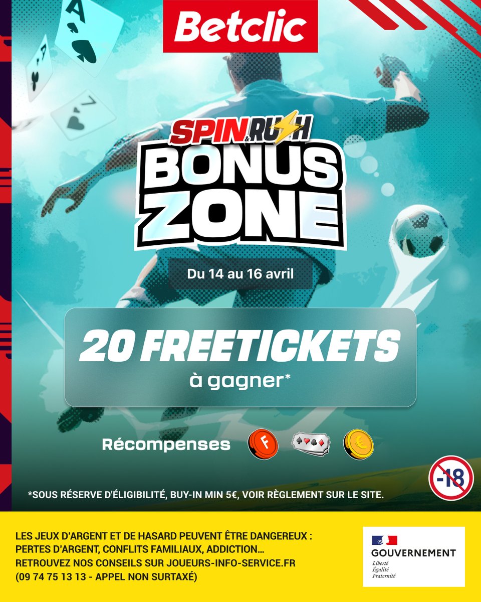 Betclic's tweet photo. ♠️ ENVIE DE TESTER LA BONUS ZONE LDC ? 🎟️

On offre 20 Freetickets de 5€ pour que tu puisses tenter ta chance ! 🎁

Pour participer :  
🔁 RT + #BonusZoneBetclic 
📅 TAS le 14/04 à 17h30 https://t.co/cvg8z15SQD