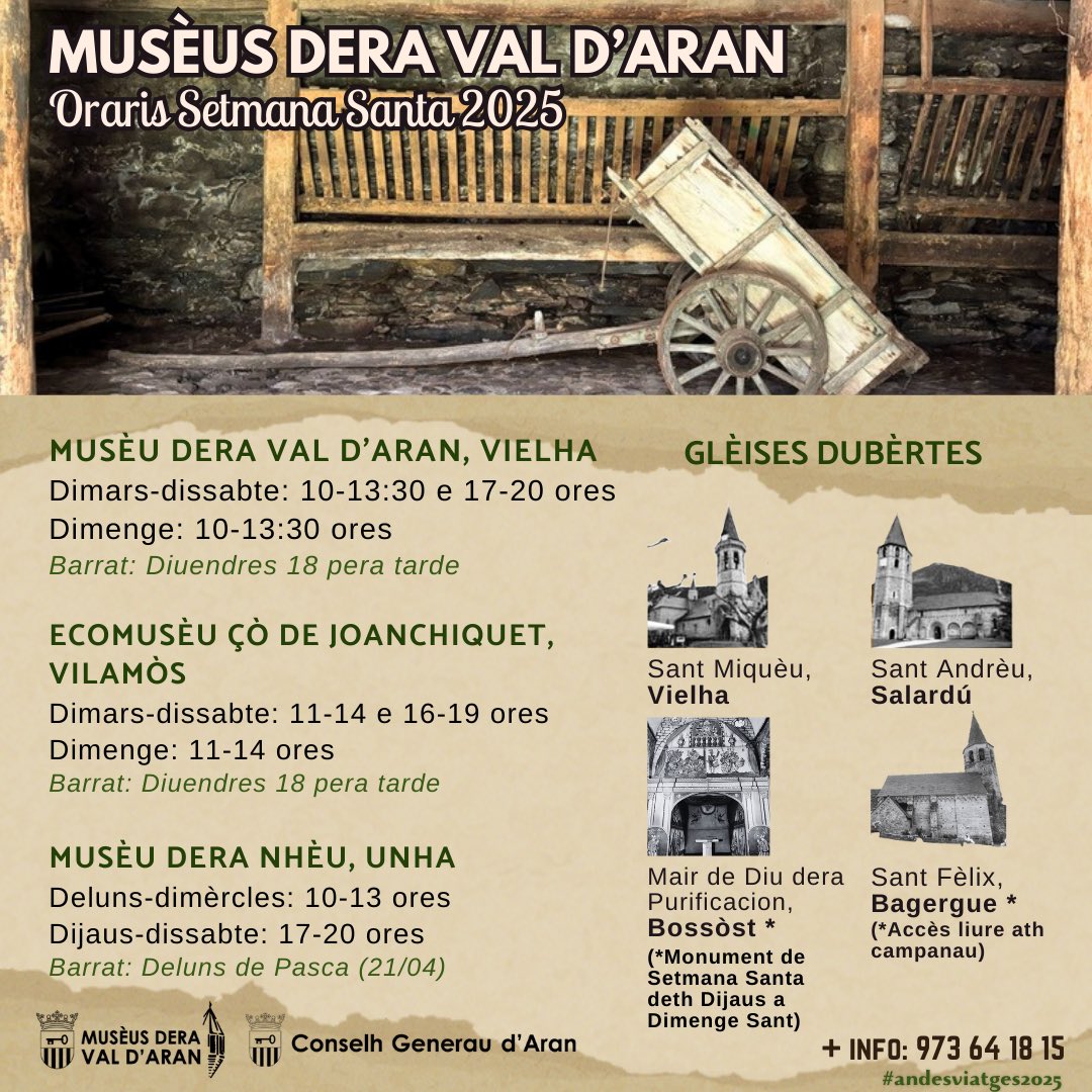 Museus_ValAran's tweet photo. Oraris e activitats de Setmana Santa 2025

☎️ Entà mès informacion: 973 64 18 15 https://t.co/SRXES9MzK1