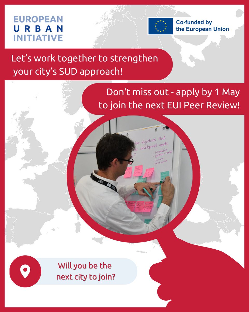 📣 New EUI Peer Review call now open! 

EU cities working on Sustainable Urban Development (SUD) strategies can apply for tailored feedback or become peer reviewers. 

📅Deadline: 1 May 2025, 12:00 CEST. 

🔗 Apply: urban-initiative.eu/capacity-build…