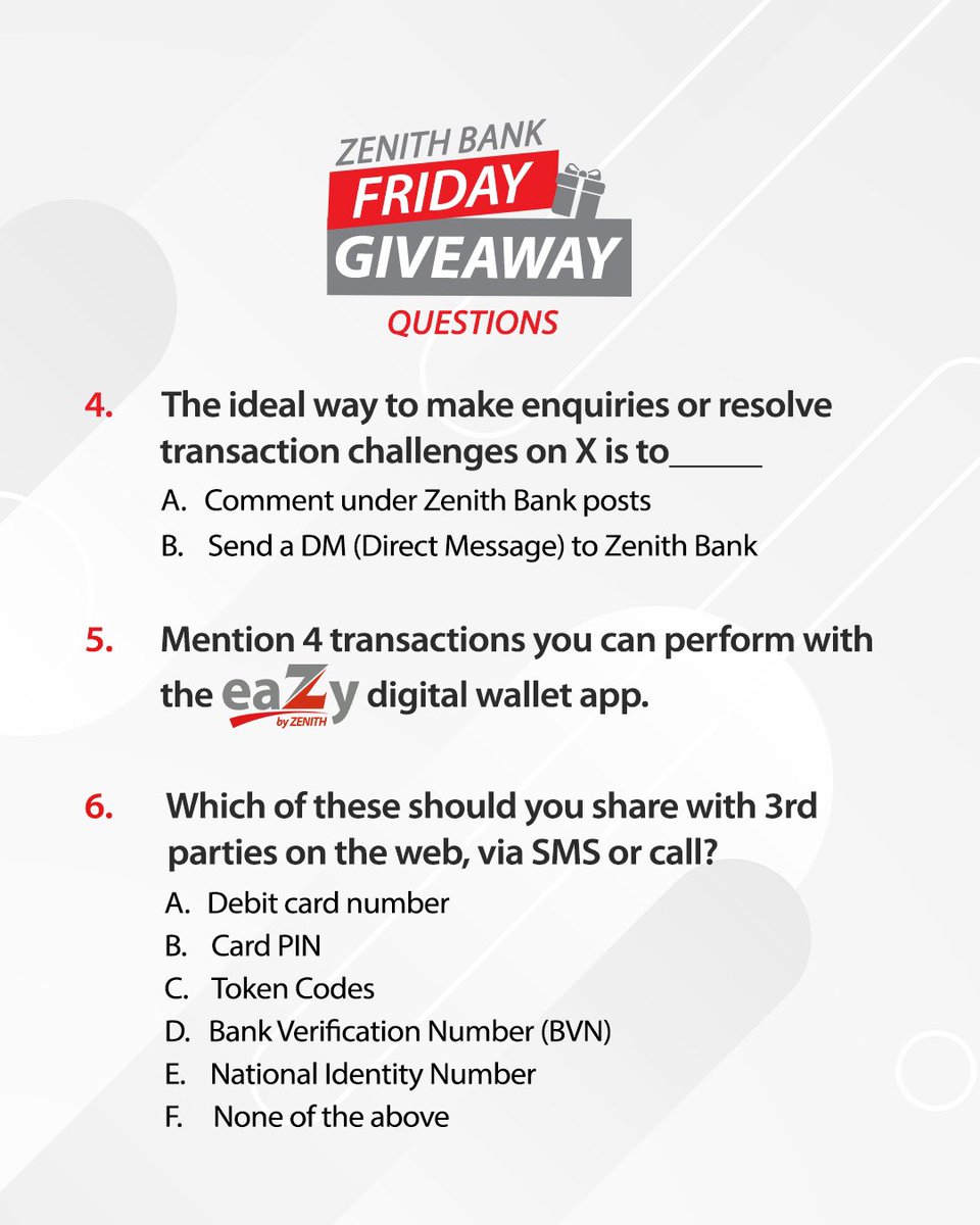And the Zenith Bank Friday Giveaway is live!

Qualifying conditions are:

-You must have an Eazy by Zenith Digital Wallet Account
-You must follow us on X
-You must like, share, and repost the Friday Giveaway Questions using all the hashtags in this post
-You must tag at least 5