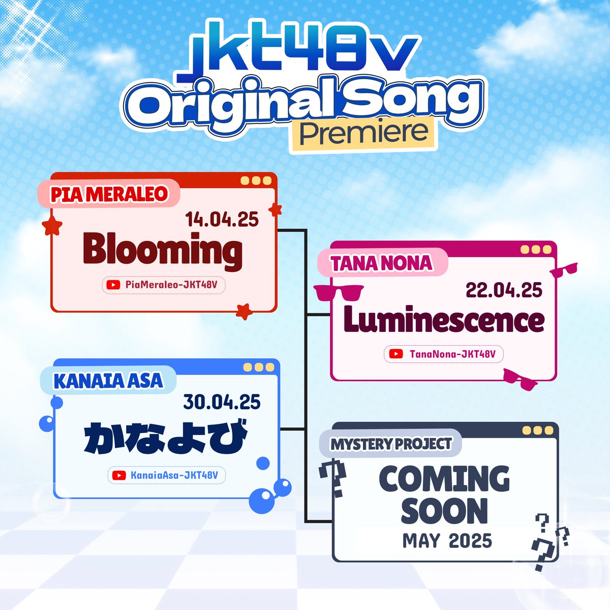 officialJKT48's tweet photo. Terima kasih atas dukungannya untuk JKT48V dan JKT48.

Dalam waktu dekat, 3 member JKT48V akan merilis lagu original mereka secara bertahap! 

Berikut adalah timeline premiere lagu original para member JKT48V: 

📅14 April 2025: Blooming – Pia Meraleo @pia_jkt48v   
🔗https://t.co/7OzkQq2obR
📅22 April 2025: Luminescence – Tana Nona @tana_jkt48v 
🔗https://t.co/IdDUEHt45n
📅30 April 2025: かなよび – Kanaia Asa @kanaia_jkt48v 
🔗https://t.co/ah82D5iOVb

Jangan lupa follow akun media sosial para member JKT48V untuk informasi selanjutnya! 🅿️🕶️🎶🐟