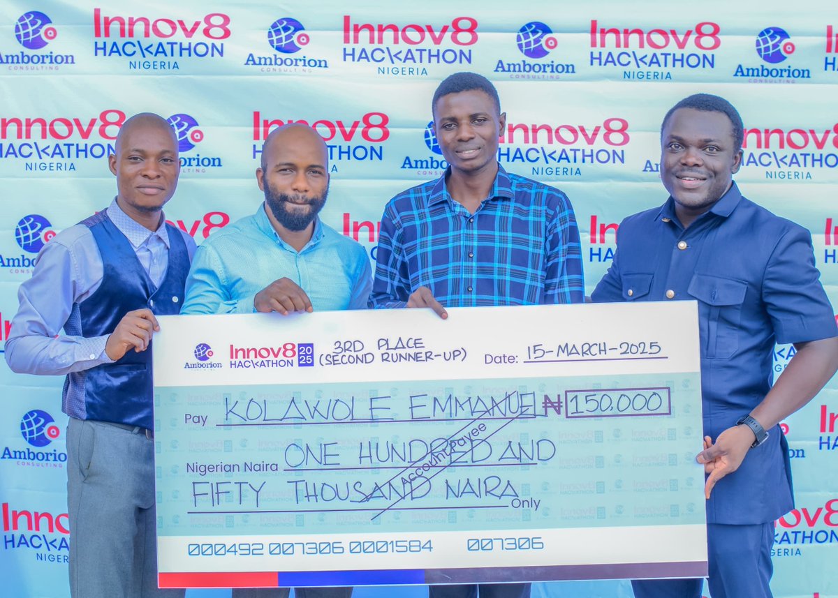 CliquoHQ's tweet photo. 🚨 Big Congrats to Mr. Kolawole Emmanuel, founder of Cliquo! 🎉

He secured 3rd place (2nd Runner-Up) at the Innov8 Hackathon Nigeria 2025, organized by Amborion Consulting, and won ₦150,000 for his brilliant tech-driven solution! 🏆💡

Read more: https://t.co/4JL8wa572H https://t.co/HLNJKuRKUn
