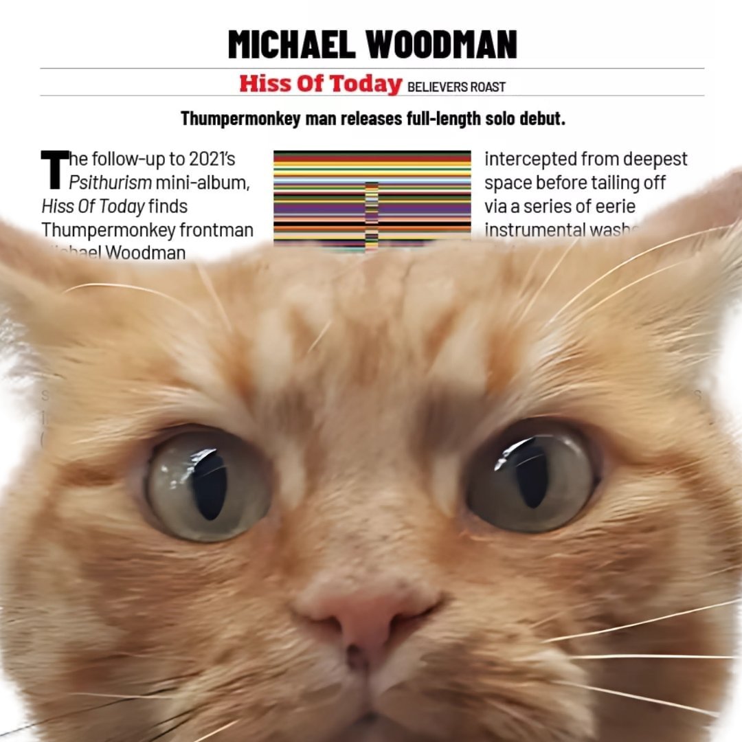 Michael_Woodman's tweet photo. Thank you to @ProgMagazineUK magazine for the luminous review of 'Hiss of Today'. Given that the physical version has only just hit the shelves, I have devised a creative solution for redacting the majority of the content. Buy the magazine for the non-orange-cat version. https://t.co/Nw4k0u9ZSp