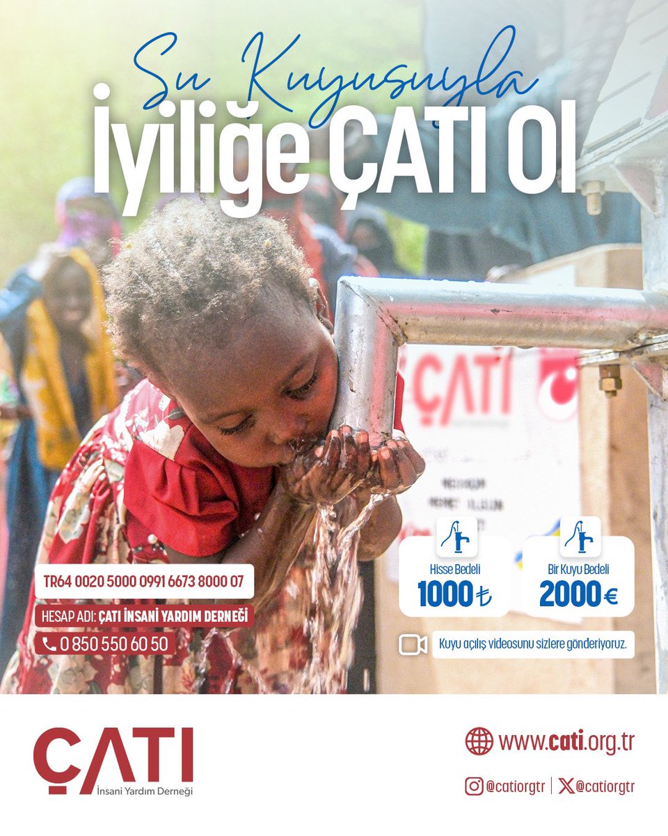 catiorgtr's tweet photo. Afrika'da sizlerin bağışlarıyla Su Kuyuları açmaya devam ediyoruz.

İçilebilir temiz su kuyuları açılmasına destek olarak siz de mahzun gönüllerin ÇATI'sı olun.

Su Kuyusu Hisse Bedeli: 1000₺
Bir Kuyu Bedeli: 2000€

Bilgi ve İletişim: 0850 550 60 50 https://t.co/lG4ckyEDYe
