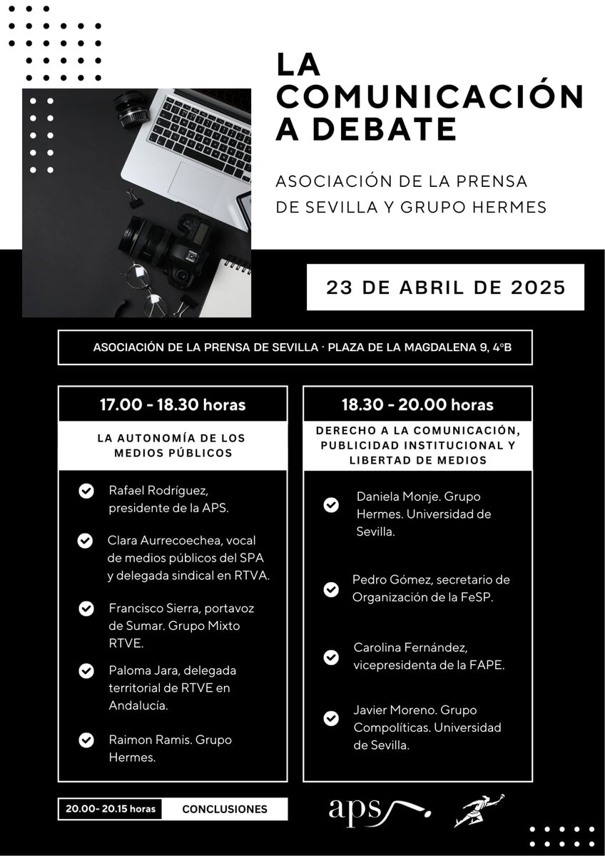 Tras la Semana Santa, tenemos una cita con las jornadas "La Comunicación a Debate", organizadas por <a href="/aprensasevilla/">Asoc. Prensa Sevilla</a>  y por Grupo HERMES. El miércoles, 23 de abril, a partir de las 17:00 en la sede de la Asociación de la Prensa de Sevilla. Allí nos vemos.