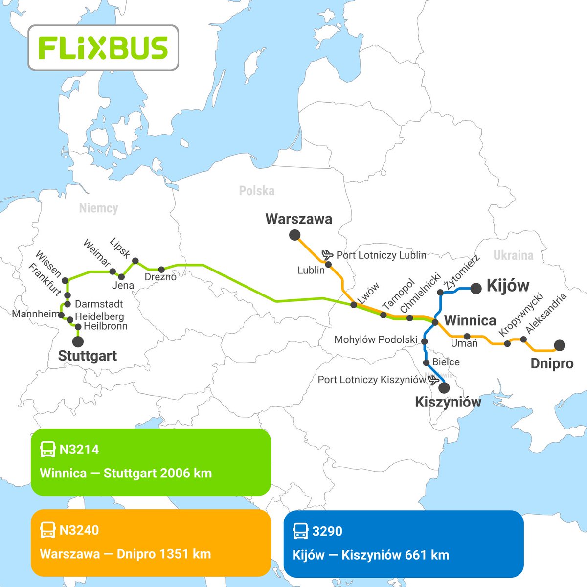 FlixBus_PL's tweet image. FlixBus rozwija swoją ofertę z Ukrainy! 🇺🇦
Blisko 100 bezpośrednich połączeń w 9 krajach, wśród nich nowe linie:
🚏Dnipro - Warszawa
🚏Kijów - Kiszyniów
🚏Winnica - Stuttgart
Bilety dostępne na stronie internetowej FlixBusa lub w aplikacji mobilnej 📲