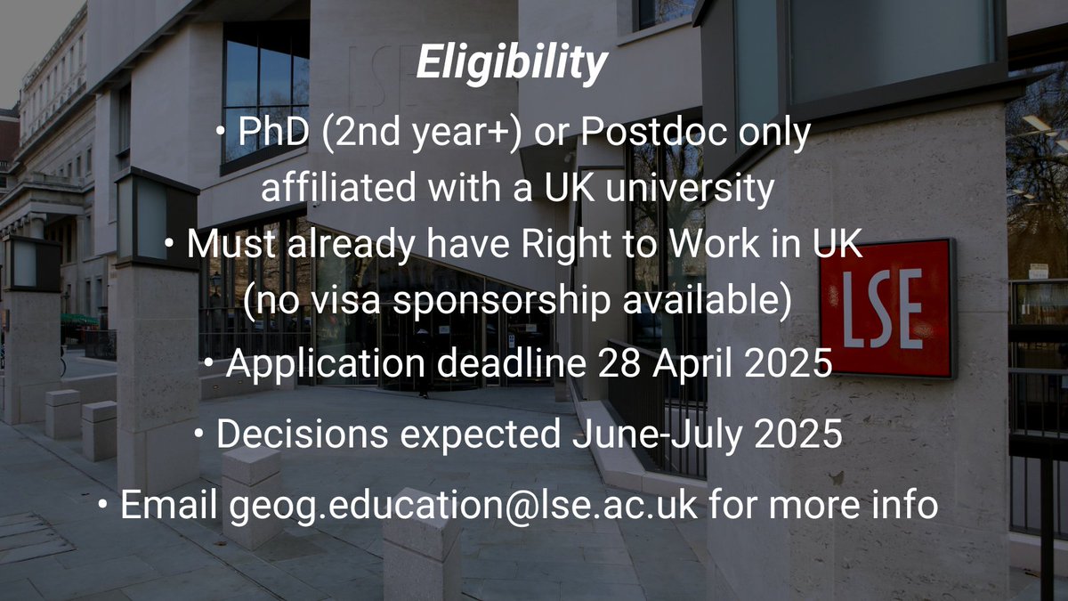 LSEGeography's tweet photo. 📢 We’re now accepting applications for Graduate Teaching Assistants for the 2025/26 academic year!

🔴 Join the world’s 2nd best Geography Department, ranked by the QS World University Rankings

📅 Apply by 28 April 👉  https://t.co/Ao8iJ5RHJc https://t.co/50qzdLFhgY