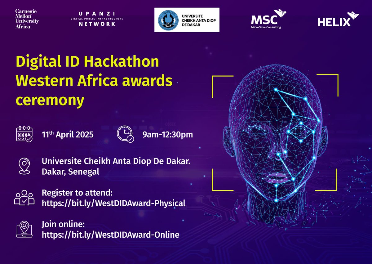 The Upanzi Network at CMU-Africa (@upanzi_network) on Twitter photo Digital ID meets innovation in Dakar this Friday!
Join us for the Upanzi Network's Digital ID West Africa Hackathon Awards at UCAD 🎓
🎁 Prizes include a full trip to #ID4Africa2025 in 🇪🇹
🗓 April 11 | 🕘 9AM–12:30PM
Register 👉 💻 Online: bit.ly/WestDIDAward-O… Digital ID meets innovation in Dakar this Friday!
Join us for the Upanzi Network's Digital ID West Africa Hackathon Awards at UCAD 🎓
🎁 Prizes include a full trip to #ID4Africa2025 in 🇪🇹
🗓 April 11 | 🕘 9AM–12:30PM
Register 👉 💻 Online: bit.ly/WestDIDAward-O…