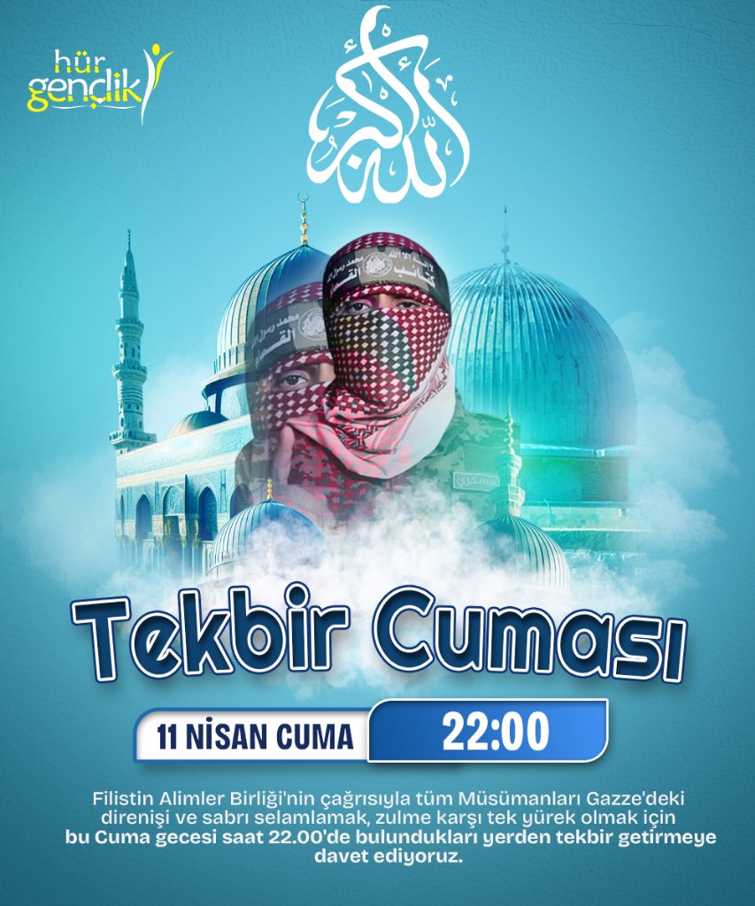 Yahya_Sinvar_'s tweet photo. #TekbirCuması
Saat 22:00’de, gökyüzüne yükselen bir nida: 

Allahu Ekber!

Bu gece, kalplerimiz Gazze’nin yaralı sokaklarında atıyor; 
Filistinli Alimler Birliği’nin çağrısıyla ruhlarımız, mazlumun feryadına yoldaş oluyor.
  
Ey Filistin! 
Toprağın kanla sulansa da, göğsünde umut yeşerir.
Her bir taşında, her bir zeytin dalında direnişin destanı yazılır. 

Gazze, sen bir şehir değil, imanın kalesisin; zulmün karanlığına karşı nurla parlayan bir meşalesin. 

Bombalar altında dimdik duran anneler, babalar, çocuklar… 
Sizin sabrınız, ümmetin yüreğine kazınmış bir ayettir.  

Zalimin kibrine karşı, tekbirlerimiz bir volkan gibi çağlar. 
Her Allahu Ekber, özgürlüğün yankısıdır; her dua, zincirleri kıran bir çığlıktır. 

Filistin’in davası, hakikatle yoğrulmuş bir sancaktır; ne ihanet ne vahşet bu sancağı yere düşürebilir.  

Bu akşam, ellerimizi semaya açarken, Gazzeli kardeşlerimizin gözlerindeki kararlılığı görüyoruz. Onların direnişi, bizim de dirilişimizdir. 

Ey ümmet! Gelin, tek yürek olalım; dualarımızla, haykırışlarımızla, kararlılığımızla Gazze’ye siper olalım.  

#FilistinİçinTekbir diyelim ki, zulmün uykuları kaçsın, mazlumun umudu artsın. 
Çünkü Filistin, yalnızca bir coğrafya değil; insanlığın onurudur, hürriyetin nabzıdır. 

#TekbirCuması